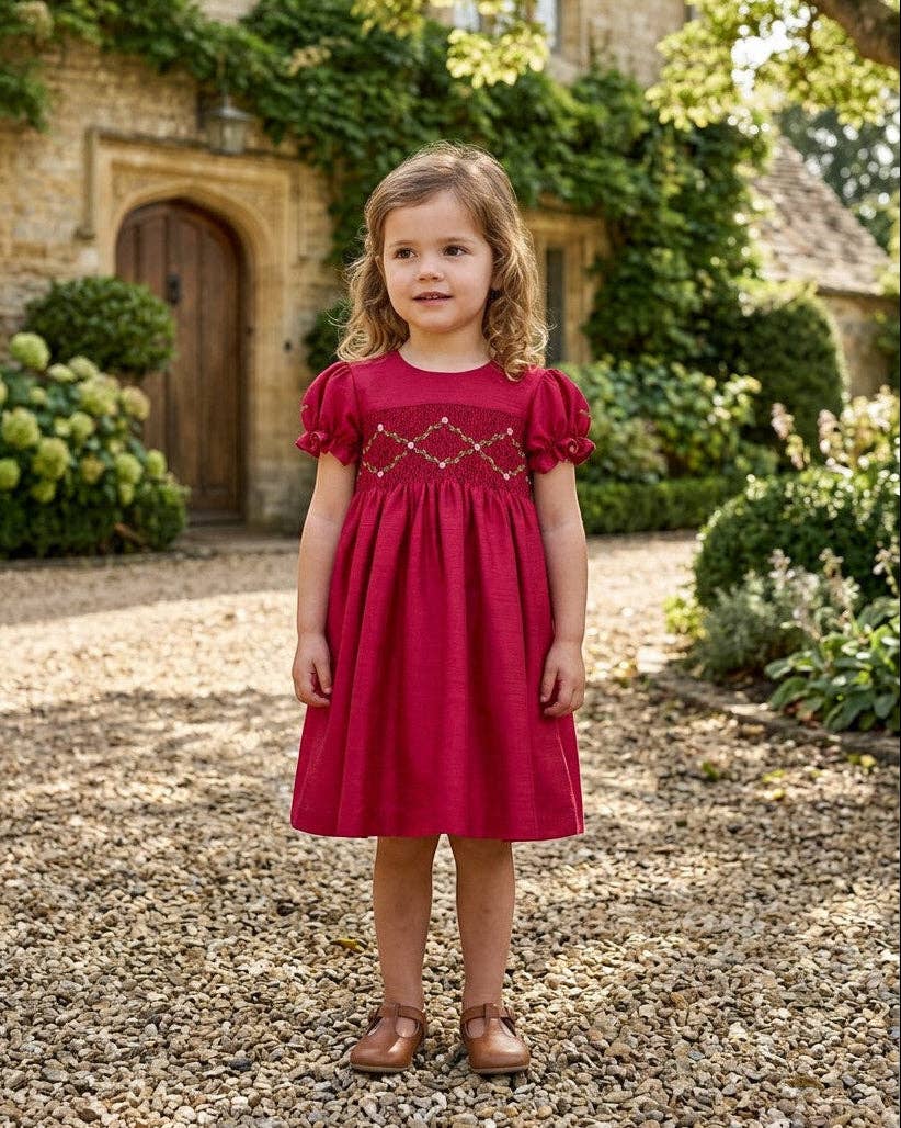Floral Smocked Silk Red Short Sleeve Toddler Girl Dress