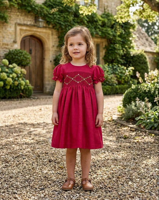 Floral Smocked Silk Red Short Sleeve Toddler Girl Dress