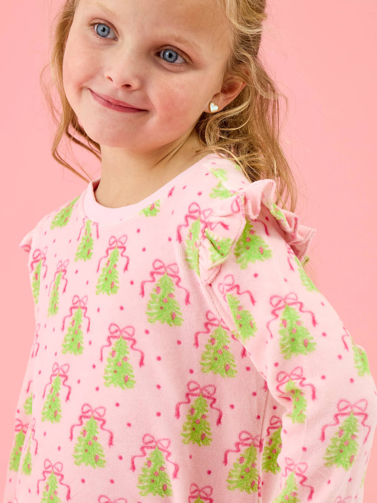 Girls Pink Christmas Tree Party Velour Flutter Sweatshirt