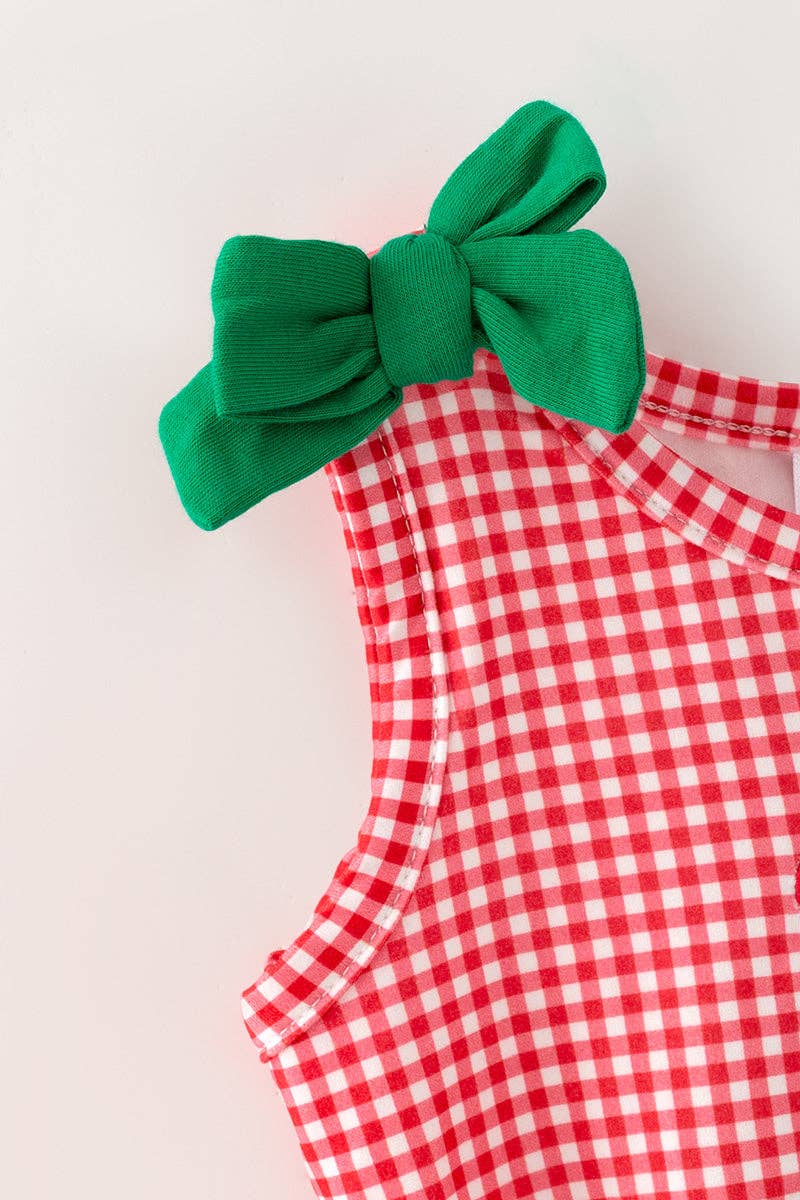 Christmas tree applique on gingham baby bodysuit. RPG65166 SOL