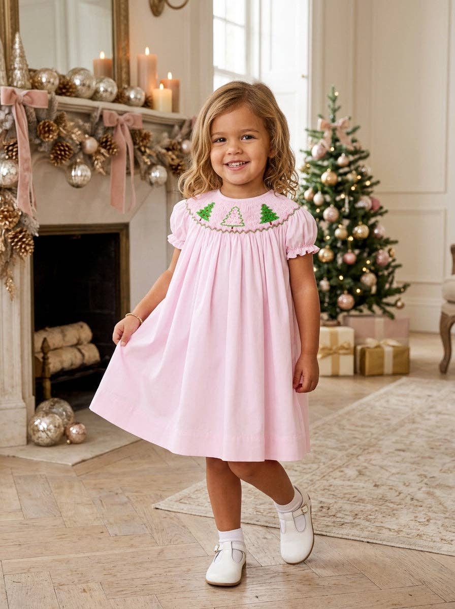 Smocked Christmas Trees Bishop Toddler Girl Dress