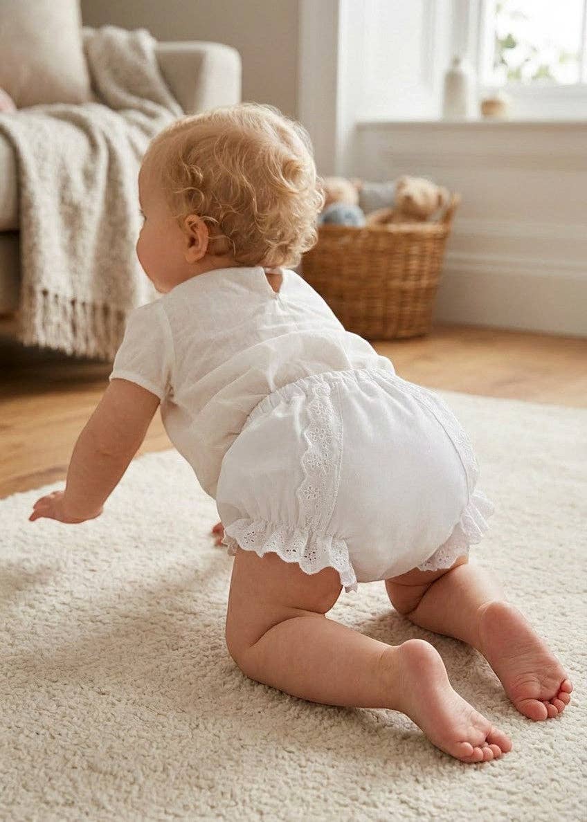 Baby Girl Cotton Diaper Cover - Ruffled White Flowers