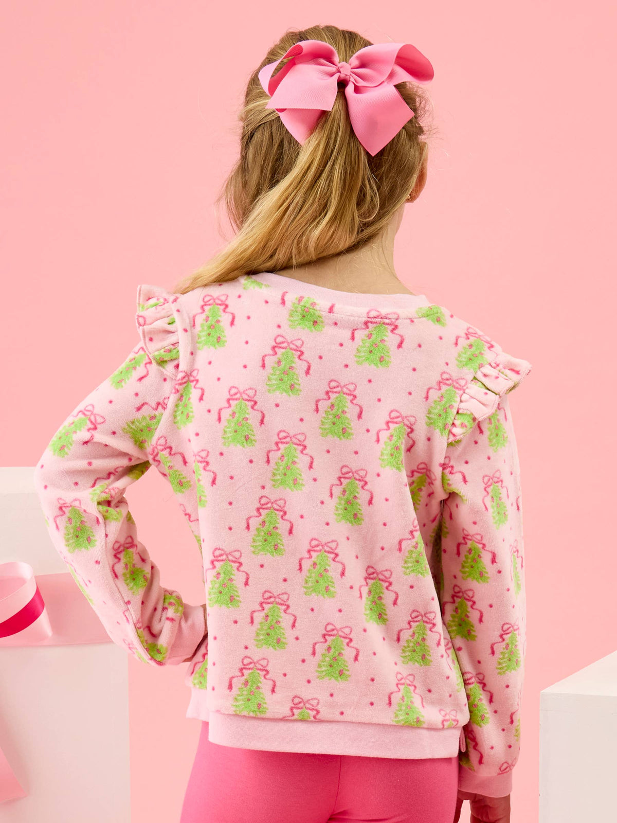 Girls Pink Christmas Tree Party Velour Flutter Sweatshirt