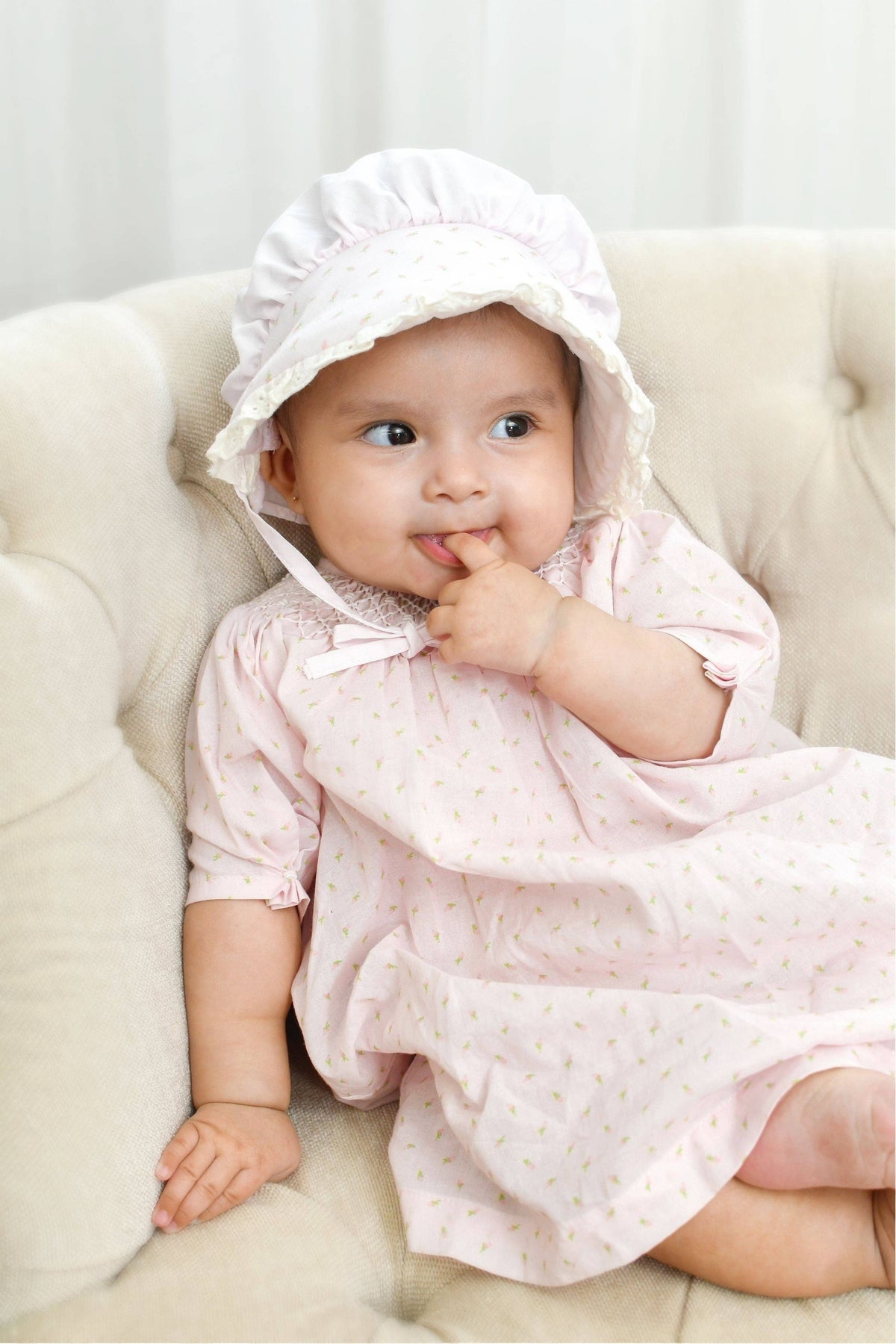 20135-Pink Rosebud Print Baby Girl Dress with Bonnet