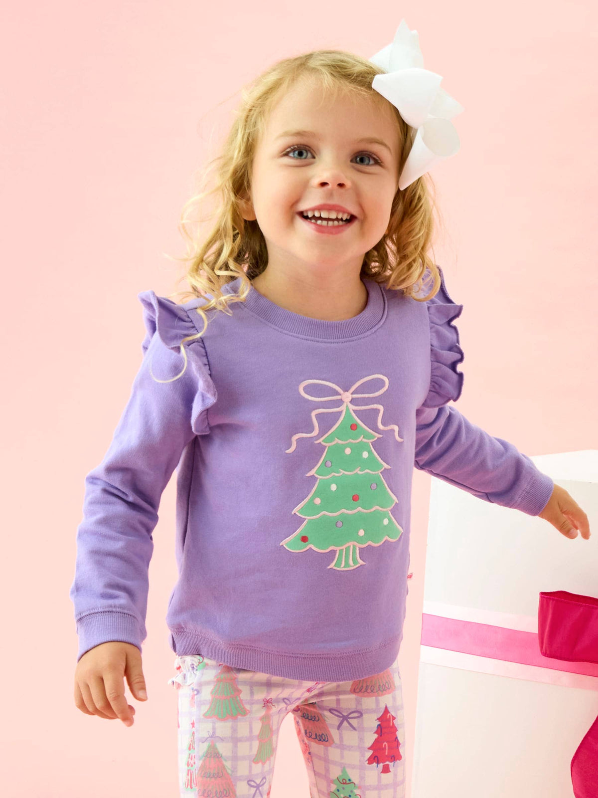 Girls Purple Christmas Tree Applique Flutter Sweatshirt