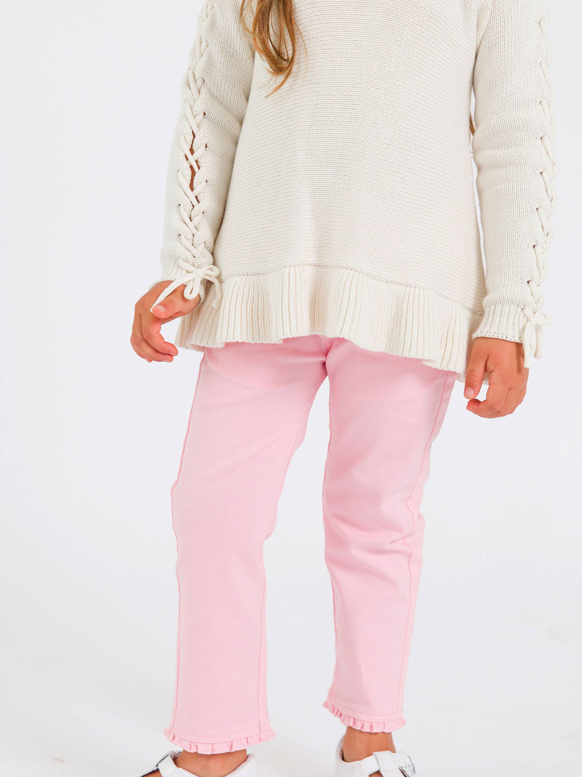 Girls Pink Stretch Denim Ruffle Straight Jeans