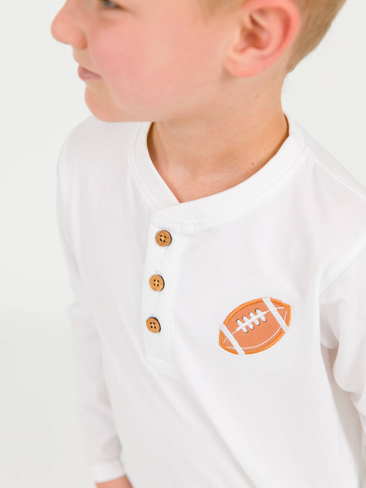 Boys Football White Knit Long Sleeve Embroidered Henley Tee