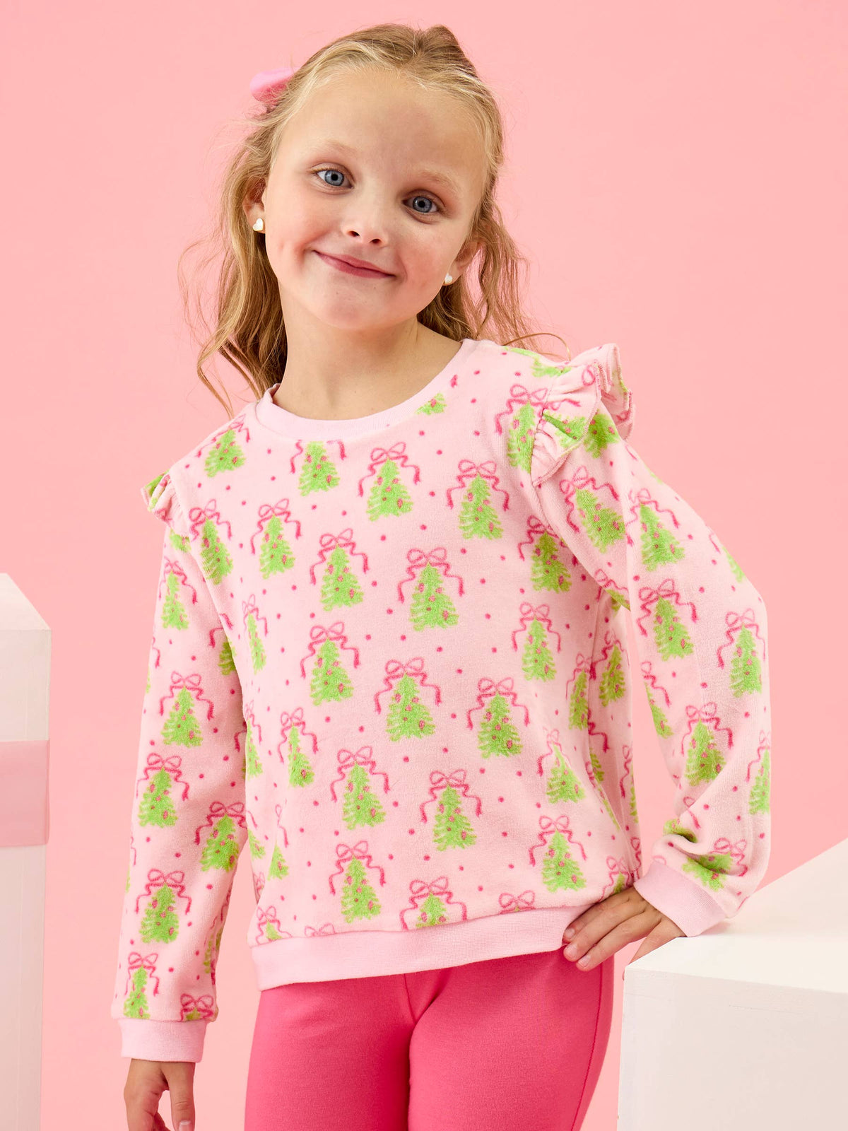 Girls Pink Christmas Tree Party Velour Flutter Sweatshirt