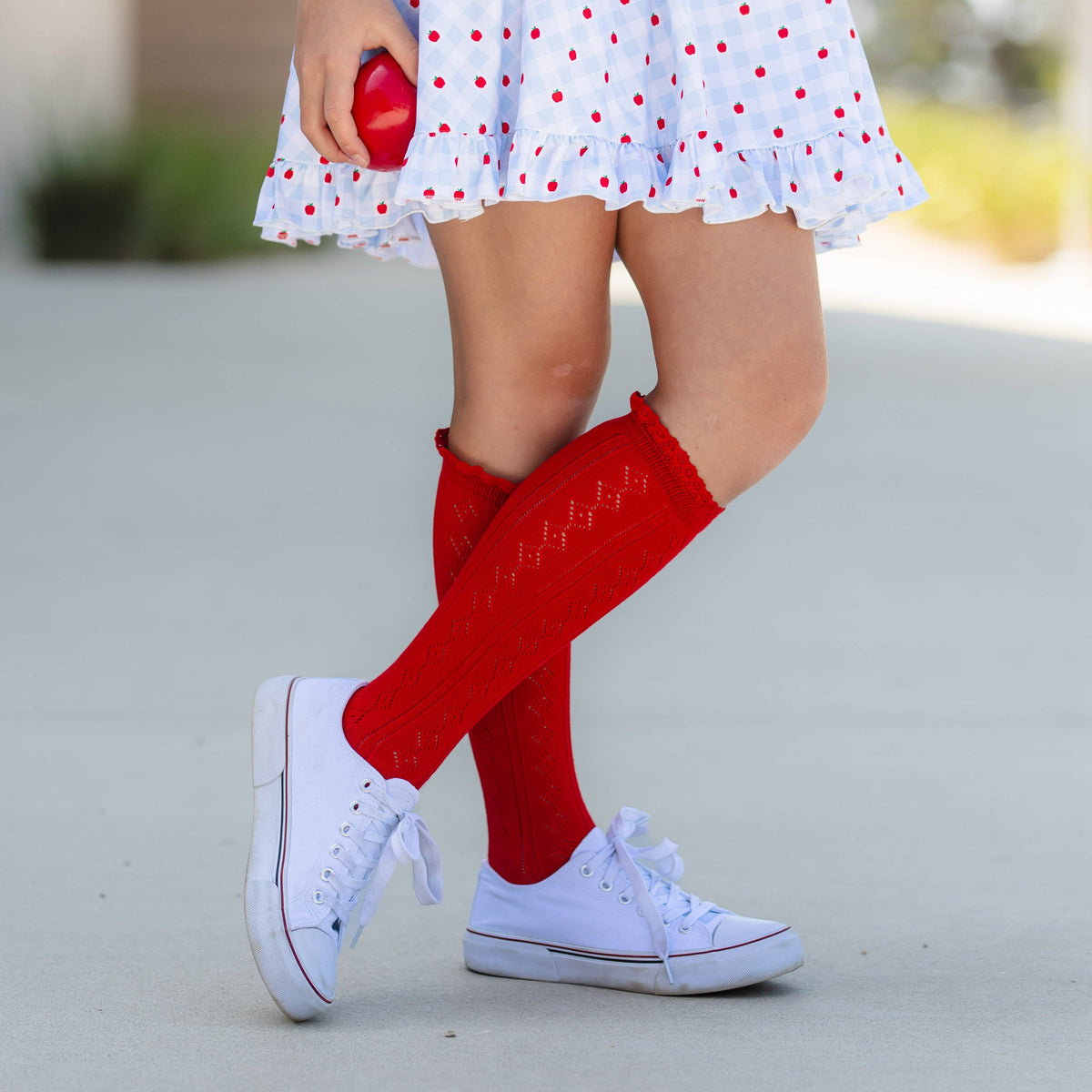 Bright Red Fancy Lace Top Knee High Socks