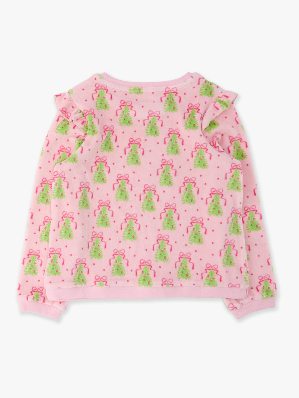 Girls Pink Christmas Tree Party Velour Flutter Sweatshirt