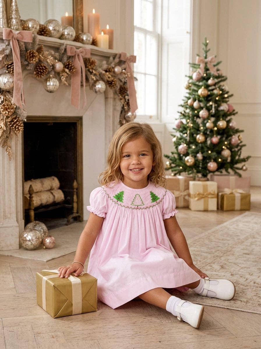 Smocked Christmas Trees Bishop Toddler Girl Dress