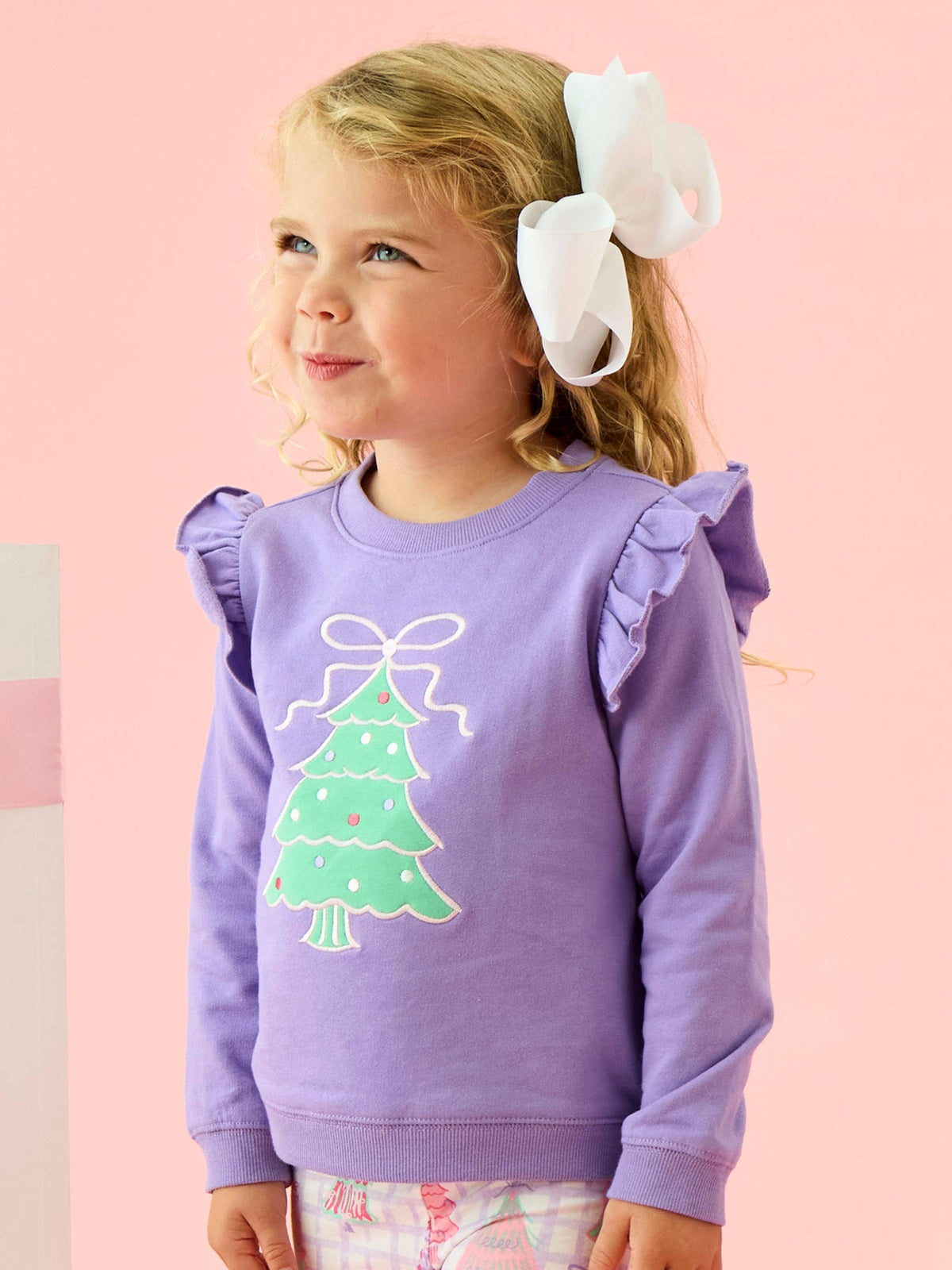 Girls Purple Christmas Tree Applique Flutter Sweatshirt